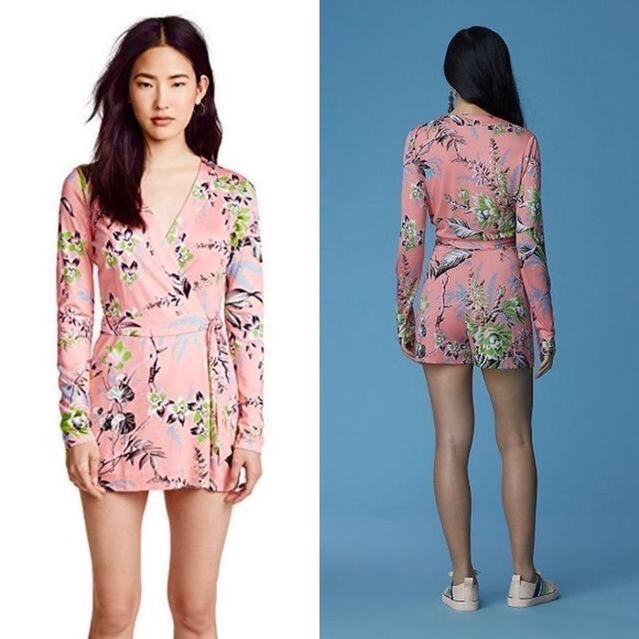 DVF Silk Floral Long Sleeve V-Neck Wrap Style Tie Waist Faux Mini Dress Romper 8 - Picture 3 of 10